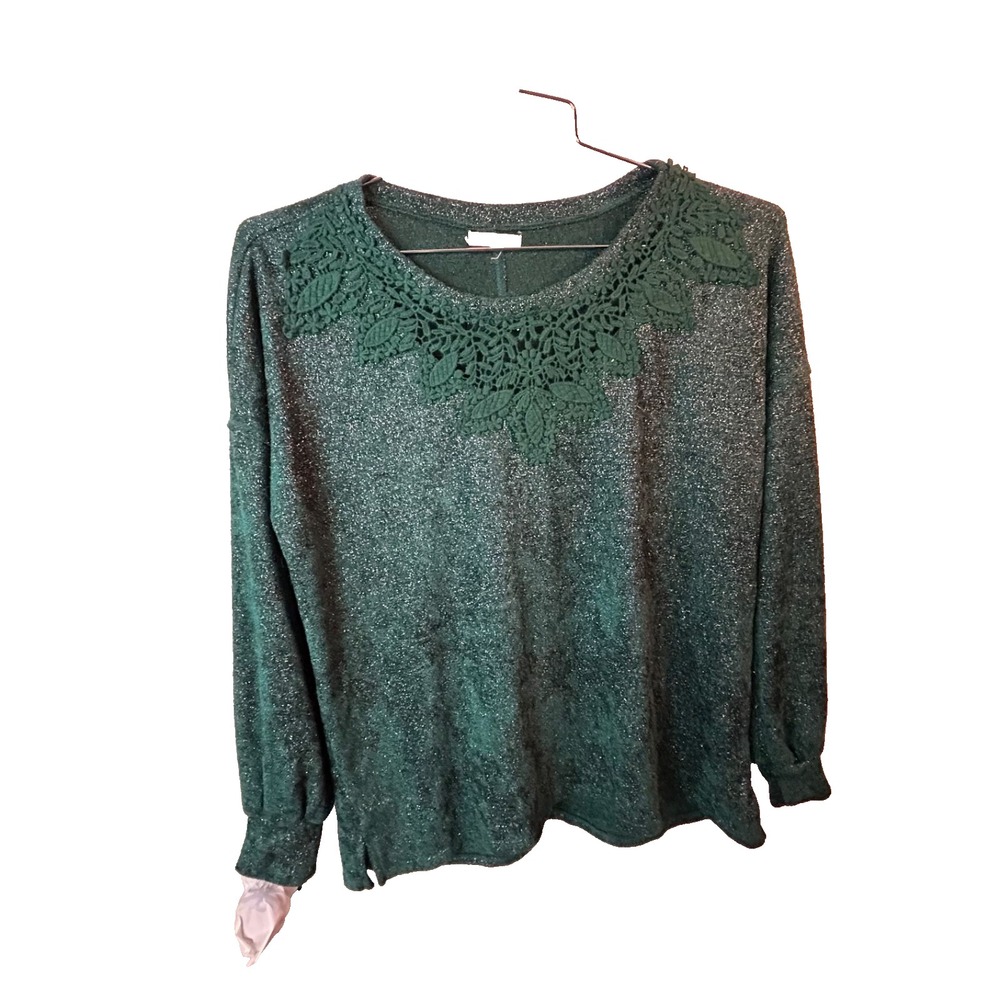 Maurices Green Sparkle Lace Crochet Scoop‎ Neck Sweater Large
